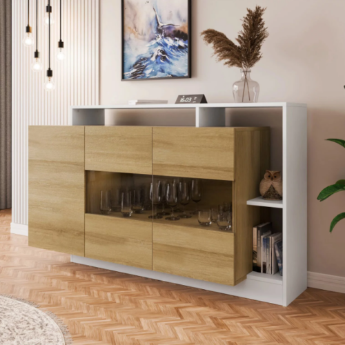 Diseño Moderno Roble-Blanco con 3 Puertas - 155x44x94cm - Elegante Almacenamiento para Comedor Construcción Robusta y Duradera: El aparador cuenta con una estructura estable fabricada en aglomerado de alta calidad, recubierto con melamina resistente al desgaste. Esta combinación asegura la durabilidad del mueble, garantizando que permanezca en excelentes condiciones durante mucho tiempo.