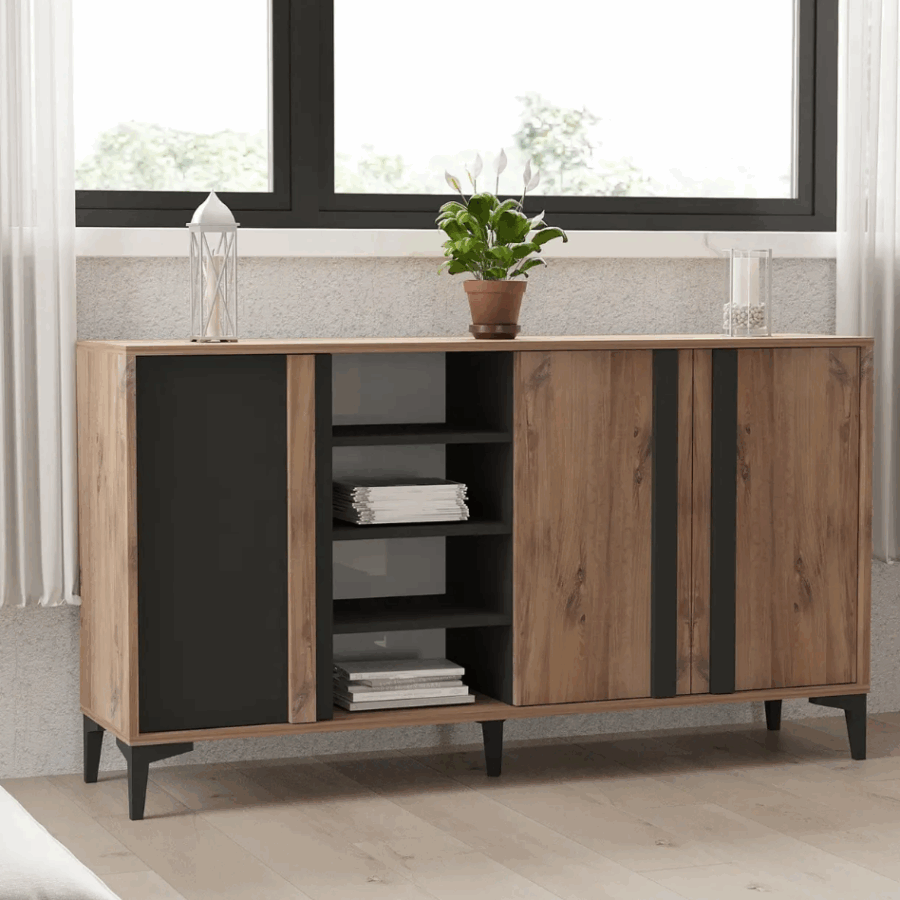 Aparador Moderno de 3  Puertas en Color Roble Grafito: Elegancia y Funcionalidad en un Solo Mueble Renueva tu sala con nuestro hermoso Aparador recibidor. El cual combina su estilo con la que hoy en día todos buscamos. Podrás decorarlo de una manera que tu habitación luzca extremadamente bien.