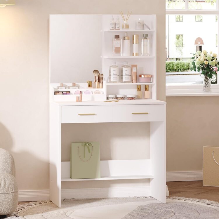 Tocador Moderno Con 2 Cajones: Elegancia y Funcionalidad en un Solo Mueble. Descubre el tocador ideal para transformar tu espacio personal con un toque de elegancia y practicidad. Este tocador con espejo, diseñado en un atractivo color blanco, no solo realza la estética de tu habitación sino que también ofrece soluciones de almacenamiento inteligentes para mantener tu entorno ordenado y accesible.