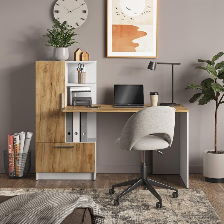 Escritorio Funcional De MDP Con 2 Puertas Abatibles: Roble Blanco El Escritorio Funcional con 2 puertas abatibles y estantes es súper moderno, compuesto por paneles 100% MDP de 18 mm, proporcionándole resistencia a rayones y golpes.