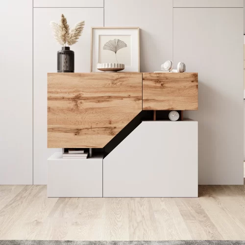 Aparador Moderno Con Cuatro Puertas Abatibles y Estantes internos Color Duna  Eleva el estilo y funcionalidad de tu hogar con nuestra cómoda grande en color duna, diseñada para ofrecer un amplio espacio de almacenamiento y un toque de sofisticación. Este aparador esta equipado con 4 puertas abatibles, está fabricada con melamina de alta calidad de 18 mm y equipada con conexiones y accesorios de primera clase. 