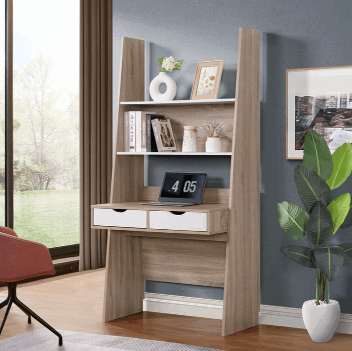 Escritorio Saremi Con 2 Cajones y Estantes Roble 186cm