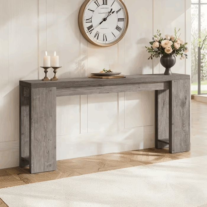 Mesa Consola Moderna en Gris: Elegancia y Funcionalidad para tu Hogar Transforma tu espacio con la mesa consola moderna en color roble, una pieza de mobiliario que combina estilo, funcionalidad y calidad. Esta mesa consola no solo sirve como un atractivo elemento decorativo, sino que también ofrece un espacio de almacenamiento práctico. Confeccionada en melamina de alta calidad de 18 mm, garantiza durabilidad y resistencia. Las medidas de este elegante mueble son 85 cm de alto, 180 cm de ancho y 30 cm de profundidad, ideales para embellecer y organizar cualquier área de tu hogar.