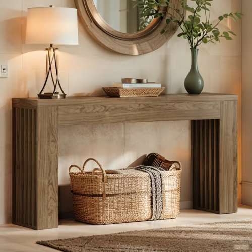 Mesa Consola Moderna en Negro: Elegancia y Funcionalidad para tu Hogar Transforma tu espacio con la mesa consola moderna en color roble, una pieza de mobiliario que combina estilo, funcionalidad y calidad. Esta mesa consola no solo sirve como un atractivo elemento decorativo, sino que también ofrece un espacio de almacenamiento práctico. Confeccionada en melamina de alta calidad de 18 mm, garantiza durabilidad y resistencia. Las medidas de este elegante mueble son 80 cm de alto, 160 cm de ancho y 30 cm de profundidad, ideales para embellecer y organizar cualquier área de tu hogar.