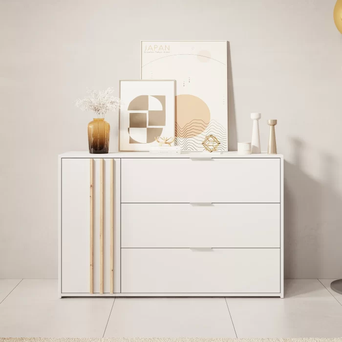 Cómoda de 3 Cajones 1 Puerta Con Divisiones Internas  - Calidad y Estilo para tu Hogar Descubre los Beneficios y Cualidades de Nuestra Cómoda de 3 Cajones con Correderas Telescópicas y 1 Puerta Abatible ¿Buscas una solución de almacenamiento elegante y funcional para tu hogar? Nuestra cómoda de 3 cajones con puerta es la opción perfecta. Diseñada para combinar estilo y practicidad, esta pieza de mobiliario se convertirá en un imprescindible en cualquier habitación. A continuación, destacamos sus principales