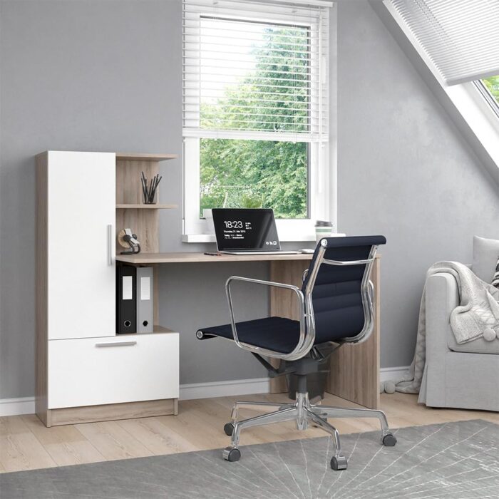 Escritorio Moderno con 2 Puertas Abatibles Estante Superior Espacioso: Funcionalidad y Elegancia en Blanco y Marron. Un espacio de trabajo eficiente comienza con un escritorio bien diseñado. Nuestro escritorio con 2 puertas abatibles con tiradores y estantes abiertos superior espacioso es la elección ideal para quienes buscan una combinación perfecta de funcionalidad y estilo. Este mueble, en un sofisticado color blanco y marron, no solo optimiza tu espacio de trabajo, sino que también añade un toque de elegancia moderna a cualquier habitación.