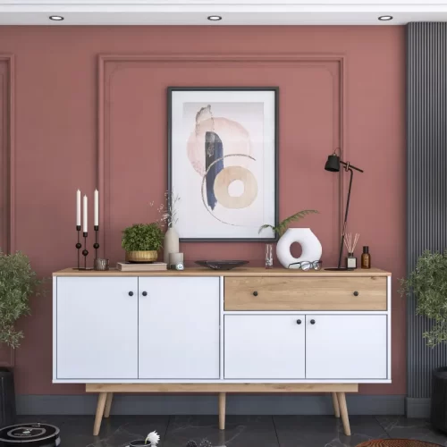 Aparador Moderno de 4 Puertas y un Cajon en Blanco y Roble: Elegancia y Funcionalidad en un Solo Mueble Descubre el perfecto equilibrio entre estilo y funcionalidad con nuestro aparador moderno de 4 Puertas 1 Cajon en color blanco y roble. Este mueble, con un diseño contemporáneo y líneas limpias, es ideal para organizar y embellecer cualquier espacio de tu hogar. Fabricado con melamina de alta calidad de 18 mm, ofrece durabilidad y un acabado impecable. Sus medidas de 180 cm de alto, 87 cm de ancho y 45 cm de profundidad lo convierten en la solución perfecta para combinar almacenamiento y estilo en un solo lugar.