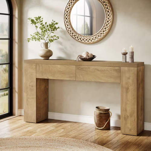 Mesa Consola Moderna en Roble: Elegancia y Funcionalidad para tu Hogar Transforma tu espacio con la mesa consola moderna en color roble, una pieza de mobiliario que combina estilo, funcionalidad y calidad. Esta mesa consola no solo sirve como un atractivo elemento decorativo, sino que también ofrece un espacio de almacenamiento práctico. Confeccionada en melamina de alta calidad de 18 mm, garantiza durabilidad y resistencia. Las medidas de este elegante mueble son 83 cm de alto, 160 cm de ancho y 30 cm de profundidad, ideales para embellecer y organizar cualquier área de tu hogar.