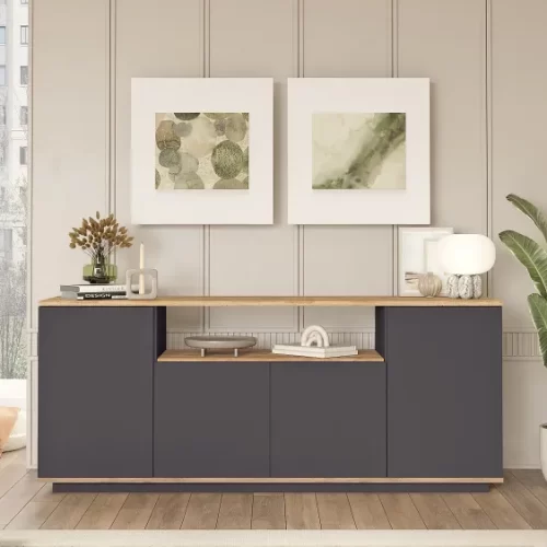 Aparador Moderno de 4 Puertas en Grafito y Roble: Elegancia y Funcionalidad en un Solo Mueble Descubre el perfecto equilibrio entre estilo y funcionalidad con nuestro aparador moderno de 4 Puertas en color grafito y roble. Este mueble, con un diseño contemporáneo y líneas limpias, es ideal para organizar y embellecer cualquier espacio de tu hogar. Fabricado con melamina de alta calidad de 18 mm, ofrece durabilidad y un acabado impecable. Sus medidas de 180 cm de alto, 75 cm de ancho y 44 cm de profundidad lo convierten en la solución perfecta para combinar almacenamiento y estilo en un solo lugar.