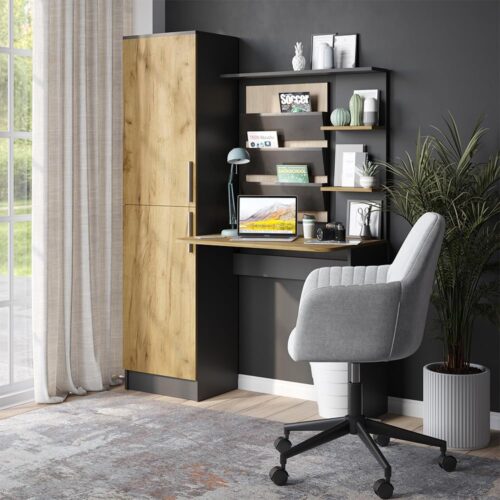 Escritorio Moderno con 2 Puertas Abatibles Estante Superior Espacioso: Funcionalidad y Elegancia en Grafito y Roble. Un espacio de trabajo eficiente comienza con un escritorio bien diseñado. Nuestro escritorio con 2 puertas abatibles con tiradores y estantes abiertos superior espacioso es la elección ideal para quienes buscan una combinación perfecta de funcionalidad y estilo. Este mueble, en un sofisticado color grafito y roble, no solo optimiza tu espacio de trabajo, sino que también añade un toque de elegancia moderna a cualquier habitación.