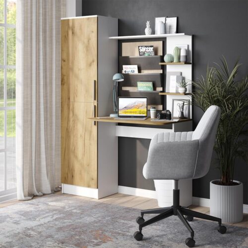 Escritorio Moderno con 2 Puertas Abatibles Estante Superior Espacioso: Funcionalidad y Elegancia en Blanco y Duna. Un espacio de trabajo eficiente comienza con un escritorio bien diseñado. Nuestro escritorio con 2 puertas abatibles con tiradores y estantes abiertos superior espacioso es la elección ideal para quienes buscan una combinación perfecta de funcionalidad y estilo. Este mueble, en un sofisticado color grafito y roble, no solo optimiza tu espacio de trabajo, sino que también añade un toque de elegancia moderna a cualquier habitación.