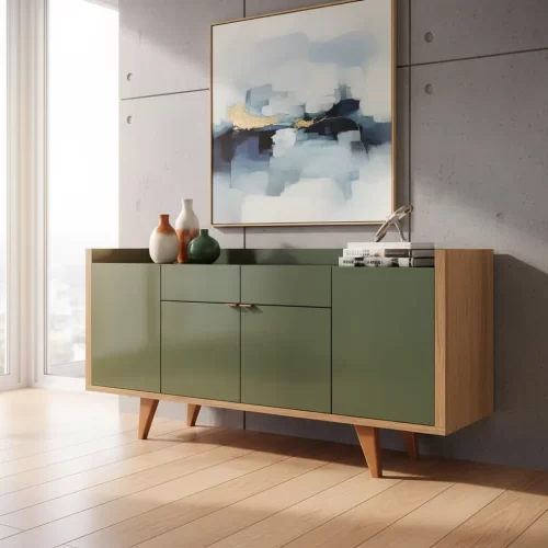 Aparador Moderno de 4 Puertas y Dos Cajones en Color Roble Agave: Elegancia y Funcionalidad en un Solo Mueble Renueva tu sala con nuestro hermoso Aparador recibidor. El cual combina su estilo con la que hoy en día todos buscamos. Podrás decorarlo de una manera que tu habitación luzca extremadamente bien, está diseñado para transformar el espacio bajo la escalera en áreas de almacenamiento funcionales. Su diseño cálido en roble y agave crean un ambiente refinado, mientras que su estructura bien pensada ofrece una gran capacidad de almacenamiento.