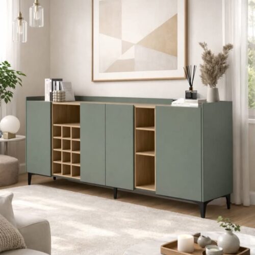 Aparador Moderno de 4 Puertas en Color Roble Agave: Elegancia y Funcionalidad en un Solo Mueble Renueva tu sala con nuestro hermoso Aparador recibidor. El cual combina su estilo con la que hoy en día todos buscamos. Podrás decorarlo de una manera que tu habitación luzca extremadamente bien, está diseñado para transformar el espacio bajo la escalera en áreas de almacenamiento funcionales. Su diseño cálido en roble y agave crean un ambiente refinado, mientras que su estructura bien pensada ofrece una gran capacidad de almacenamiento.