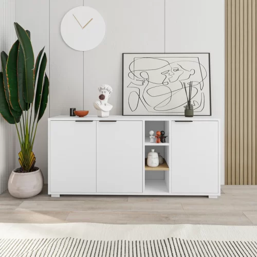 Aparador Moderno de 3 Puertas en Color Roble: Elegancia y Funcionalidad en un Solo Mueble Renueva tu sala con nuestro hermoso Aparador recibidor. El cual combina su estilo con la que hoy en día todos buscamos. Podrás decorarlo de una manera que tu habitación luzca extremadamente bien.