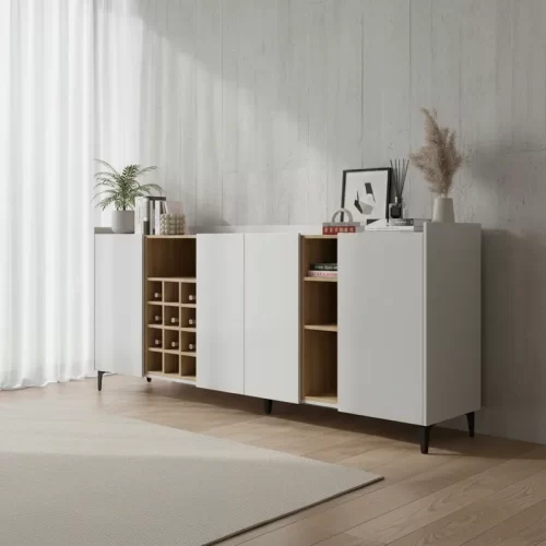 Aparador Moderno de 4 Puertas en Color Roble Blanco: Elegancia y Funcionalidad en un Solo Mueble Renueva tu sala con nuestro hermoso Aparador recibidor. El cual combina su estilo con la que hoy en día todos buscamos. Podrás decorarlo de una manera que tu habitación luzca extremadamente bien, está diseñado para transformar el espacio bajo la escalera en áreas de almacenamiento funcionales. Su diseño cálido en roble y blanco crean un ambiente refinado, mientras que su estructura bien pensada ofrece una gran capacidad de almacenamiento.
