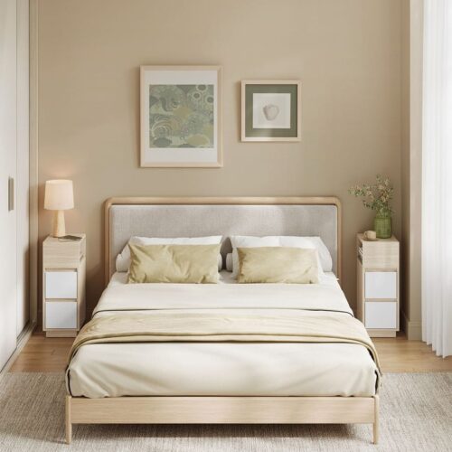 Mesas de Noche Modernas en Combo: 2 Cajones sin Tiradores y Correderas Telescópicas en Color Roble y Blanco El combo de mesas de noche con 2 cajones sin tiradores en color roble y blanco es la elección perfecta para quienes buscan modernidad, funcionalidad y elegancia en un solo mueble. Estas mesas de noche destacan por su diseño limpio y minimalista, ideal para estilos contemporáneos y escandinavos, además de ofrecer un almacenamiento práctico gracias a sus cajones con correderas telescópicas de alta calidad.