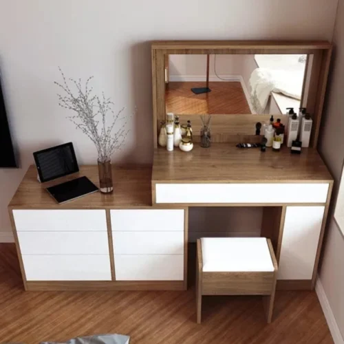 Tocador Comoda Moderno con 7 cajón y 1 puerta: Elegancia y Funcionalidad en un Solo Mueble. Descubre el tocador ideal para transformar tu espacio personal con un toque de elegancia y practicidad. Este tocador con espejo, diseñado en un atractivo color Marron y blanco, no solo realza la estética de tu habitación sino que también ofrece soluciones de almacenamiento inteligentes para mantener tu entorno ordenado y accesible.