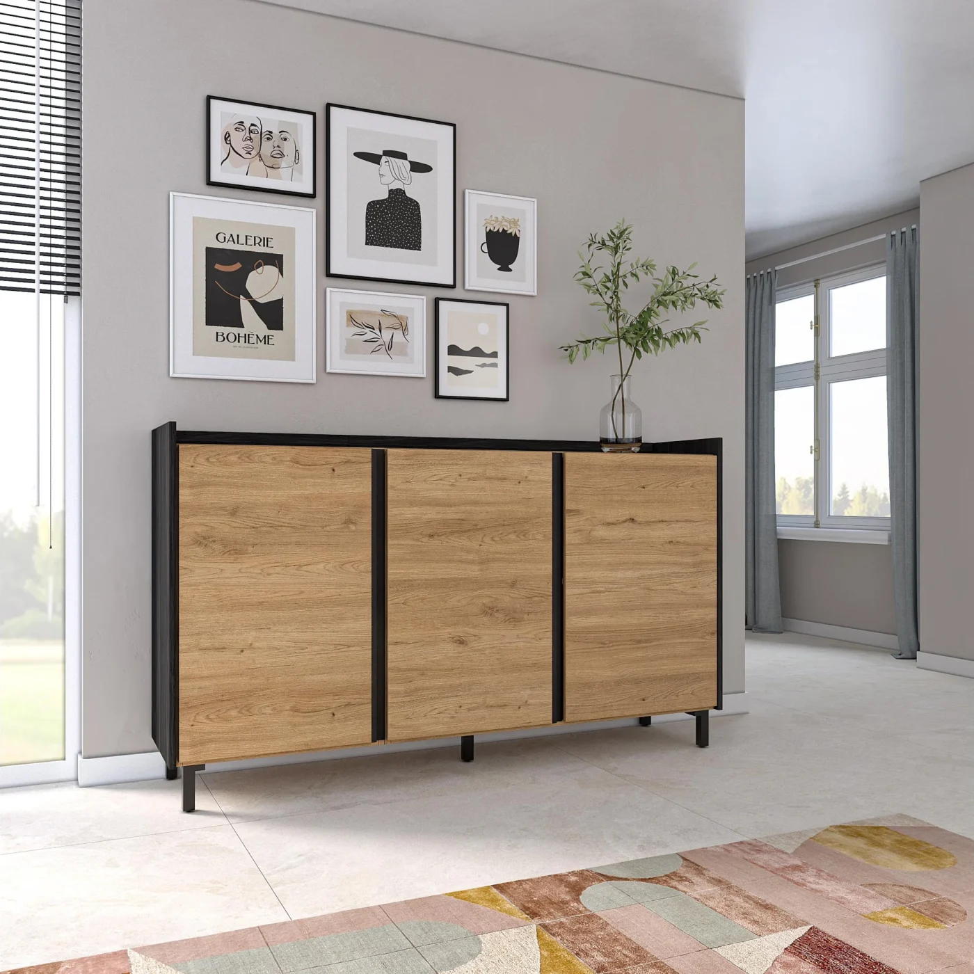 Diseño Moderno y Versátil: Este aparador, con un diseño minimalista, será un aporte práctico y decorativo para tu hogar. Con 3 puertas, el aparador proporciona amplio espacio de almacenamiento para libros, dispositivos multimedia y otros artículos. La robusta superficie es ideal para exhibir objetos decorativos, marcos de fotos o plantas. También se puede usar como mueble bajo, armario auxiliar, etc. Gracias al tablero de gran calidad, este aparador está diseñado para durar. Módulo con 2 puertas, gran capacidad de almacenamiento. Bisagras con cierre soft. Tiradores de aluminio. Medidas del Módulo: 91cm. de Ancho, 91cm. de Alto, 35cm. de Profundidad. Color roble y negro con veteado de madera de tacto poroso de alta calidad. Módulo con puerta y estante interior . Bisagras con cierre soft. Tiradores de aluminio. Roble y negro con veteado de madera de tacto poroso de alta calidad. Pata de 10.5cm ajustable en altura. Color negro