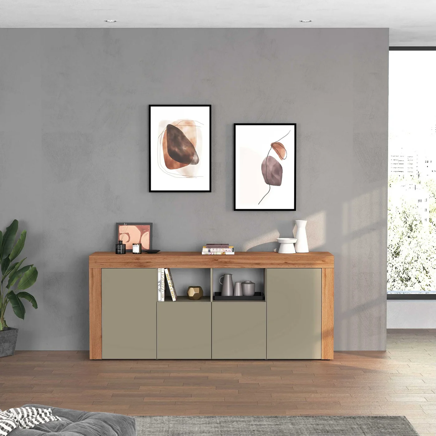 Aparador Moderno de 4 Puertas Con Dos Estante Abierto En Color Roble y Agave: Elegancia y Funcionalidad en un Solo Mueble Renueva tu sala con nuestro hermoso Aparador recibidor. El cual combina su estilo con la que hoy en día todos buscamos. Podrás decorarlo de una manera que tu habitación luzca extremadamente bien. Beneficios y Cualidades 1. Diseño Moderno y Versátil: Este aparador, con un diseño minimalista, será un aporte práctico y decorativo para tu hogar. Con 4 puertas con apertura push open, el aparador proporciona amplio espacio de almacenamiento para libros, dispositivos multimedia y otros artículos. La robusta superficie es ideal para exhibir objetos decorativos, marcos de fotos o plantas. También se puede usar como mueble bajo, armario auxiliar, etc. Gracias al tablero de gran calidad, este aparador está diseñado para durar.