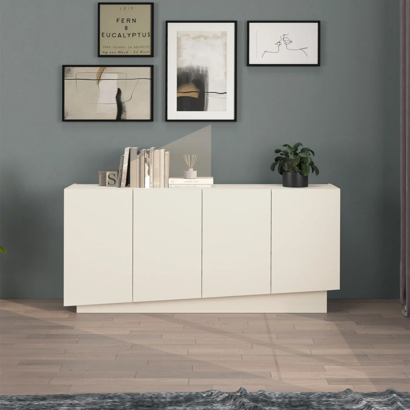 Aparador Moderno de 4 Puertas en Color Capri: Elegancia y Funcionalidad en un Solo Mueble Renueva tu sala con nuestro hermoso Aparador recibidor. El cual combina su estilo con la que hoy en día todos buscamos. Podrás decorarlo de una manera que tu habitación luzca extremadamente bien. Beneficios y Cualidades 1. Diseño Moderno y Versátil: Este aparador, con un diseño minimalista, será un aporte práctico y decorativo para tu hogar. Con 4 puertas, el aparador proporciona amplio espacio de almacenamiento para libros, dispositivos multimedia y otros artículos. La robusta superficie es ideal para exhibir objetos decorativos, marcos de fotos o plantas. También se puede usar como mueble bajo, armario auxiliar, etc. Gracias al tablero de gran calidad, este aparador está diseñado para durar.