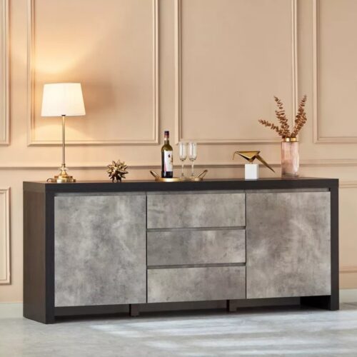 Aparador Moderno Sofisticado En Color Negro Roble y Cemento: Elegancia y Funcionalidad en un Solo Mueble Descubre el perfecto equilibrio entre estilo y funcionalidad con nuestro aparador moderno en un color elegante . Este mueble, con un diseño contemporáneo y líneas limpias, es ideal para organizar y embellecer cualquier espacio de tu hogar. Fabricado con melamina de alta calidad de 18 mm, ofrece durabilidad y un acabado impecable. Sus medidas de 85 cm de alto, 200 cm de ancho y 40 cm de profundidad lo convierten en la solución perfecta para combinar almacenamiento y estilo en un solo lugar.
