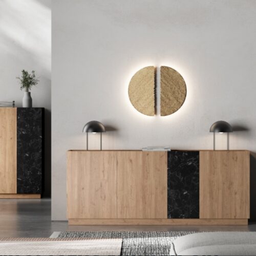 Aparador Moderno de 4 Puertas en Color Roble y Mamba: Elegancia y Funcionalidad en un Solo Mueble Renueva tu sala con nuestro hermoso Aparador recibidor. El cual combina su estilo con la que hoy en día todos buscamos. Podrás decorarlo de una manera que tu habitación luzca extremadamente bien.