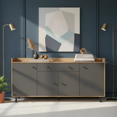 Aparador Moderno de 4 Puertas 1 Cajon en Color Roble y Grafito: Elegancia y Funcionalidad en un Solo Mueble Renueva tu sala con nuestro hermoso Aparador recibidor. El cual combina su estilo con la que hoy en día todos buscamos. Podrás decorarlo de una manera que tu habitación luzca extremadamente bien. Beneficios y Cualidades 1. Diseño Moderno y Versátil: Este aparador, con un diseño minimalista, será un aporte práctico y decorativo para tu hogar.