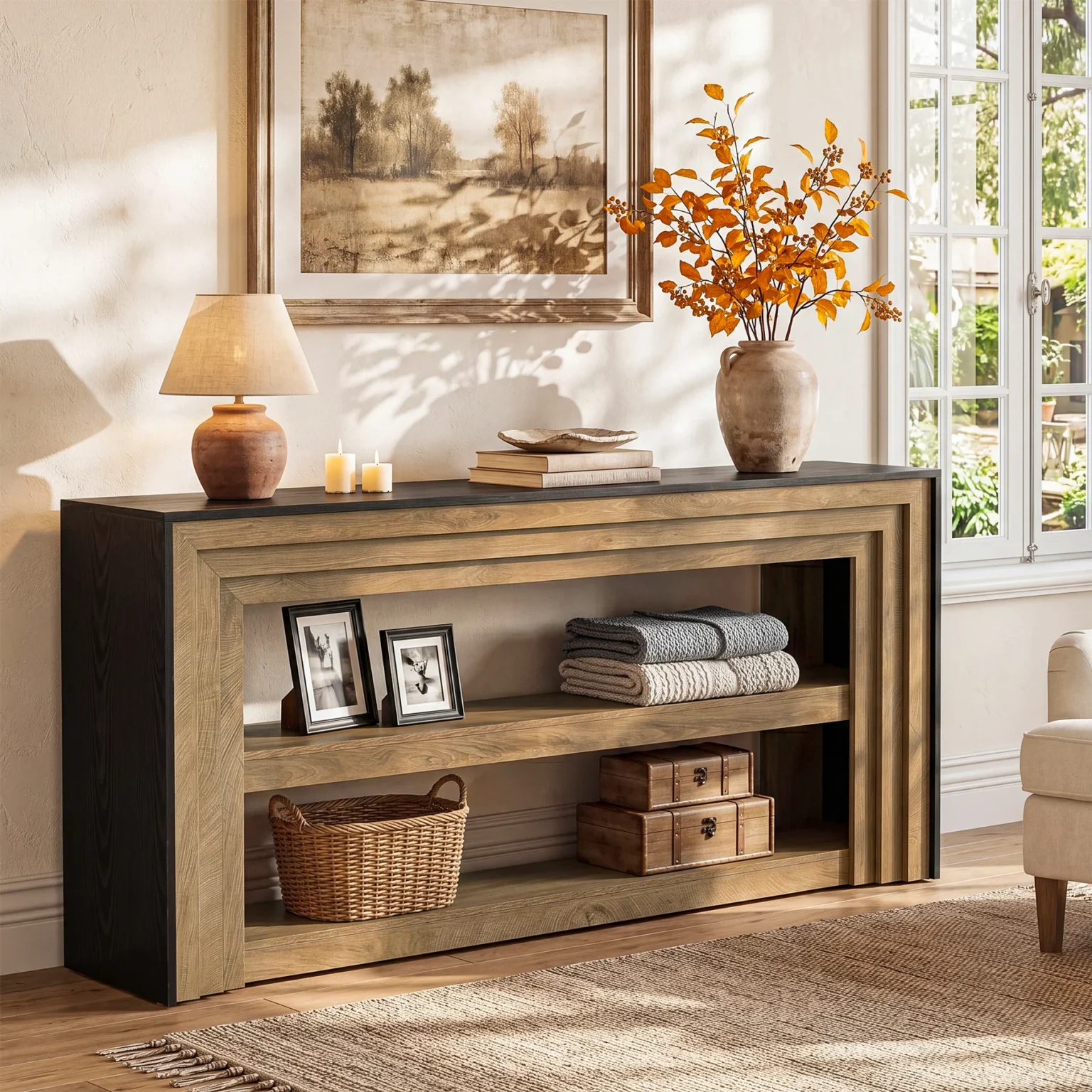 Aparador Recibidor Moderno de 2 Estantes en Color Roble Negro: Elegancia y Funcionalidad en un Solo Mueble Diseño bicolor en capas  : esta mesa consola presenta una estructura rústica de madera escalonada con bordes nítidos y definidos. El cálido marco de madera marrón se combina con una elegante superficie negra, creando un efecto visual tridimensional que se convierte en un atractivo punto focal para la decoración del hogar. Espacio de almacenamiento de 3 niveles  : con unas dimensiones de 160 cm de ancho x 30 cm de profundidad x 82 cm de alto, esta mesa de entrada ofrece una amplia superficie y dos estantes abiertos. Coloca jarrones y marcos de fotos en la superficie; guarda llaves, libros y cestas de mimbre en los dos estantes para organizar ordenadamente los objetos dispersos.