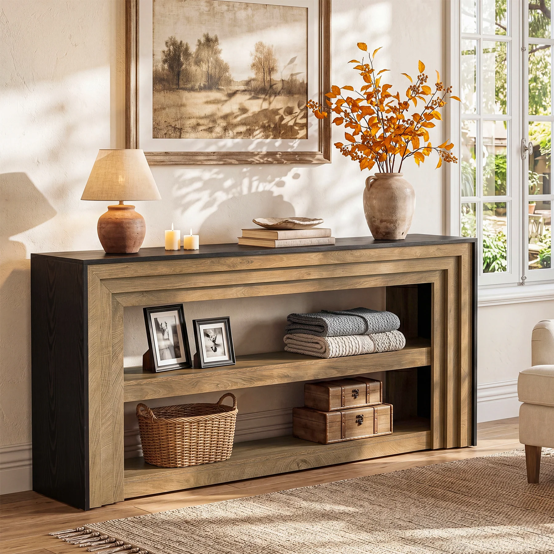Aparador Recibidor Moderno de 2 Estantes en Color Roble Negro: Elegancia y Funcionalidad en un Solo Mueble Diseño bicolor en capas : esta mesa consola presenta una estructura rústica de madera escalonada con bordes nítidos y definidos. El cálido marco de madera marrón se combina con una elegante superficie negra, creando un efecto visual tridimensional que se convierte en un atractivo punto focal para la decoración del hogar. Espacio de almacenamiento de 3 niveles : con unas dimensiones de 160 cm de ancho x 30 cm de profundidad x 82 cm de alto, esta mesa de entrada ofrece una amplia superficie y dos estantes abiertos. Coloca jarrones y marcos de fotos en la superficie; guarda llaves, libros y cestas de mimbre en los dos estantes para organizar ordenadamente los objetos dispersos.