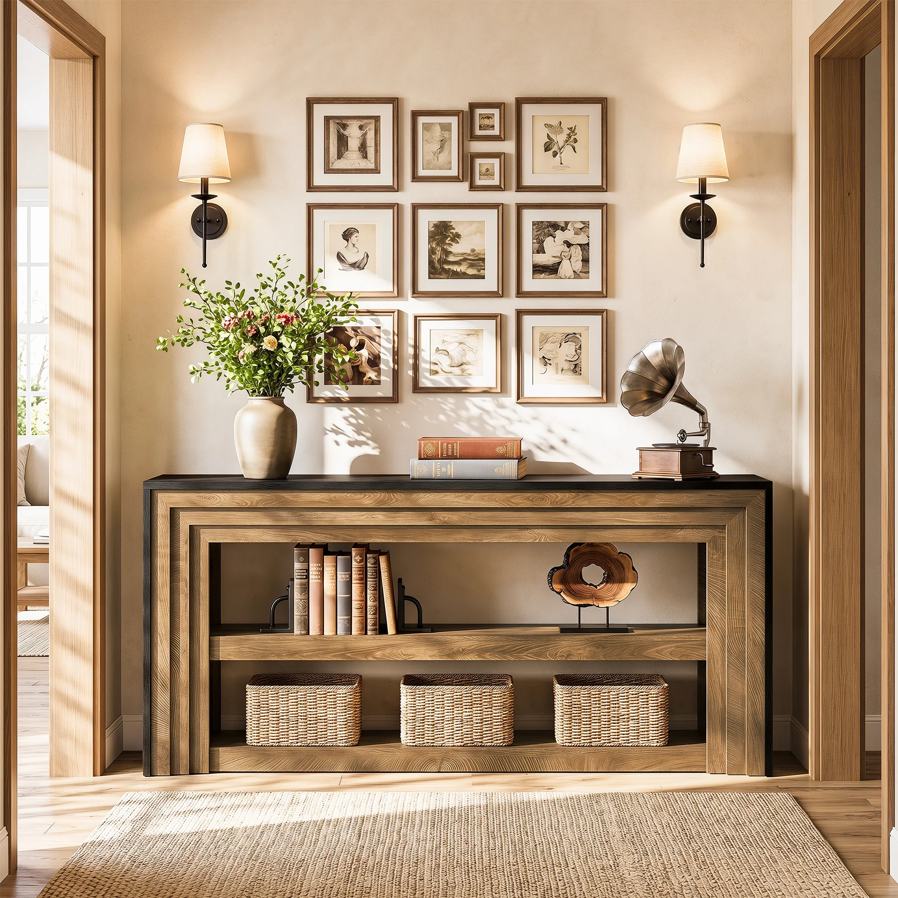Aparador Consola Moderno de 2 Estantes en Color Roble Negro: Elegancia y Funcionalidad en un Solo Mueble Diseño bicolor en capas : esta mesa consola presenta una estructura rústica de madera escalonada con bordes nítidos y definidos. El cálido marco de madera marrón se combina con una elegante superficie negra, creando un efecto visual tridimensional que se convierte en un atractivo punto focal para la decoración del hogar. Espacio de almacenamiento de 3 niveles : con unas dimensiones de 160 cm de ancho x 30 cm de profundidad x 82 cm de alto, esta mesa de entrada ofrece una amplia superficie y dos estantes abiertos. Coloca jarrones y marcos de fotos en la superficie; guarda llaves, libros y cestas de mimbre en los dos estantes para organizar ordenadamente los objetos dispersos.