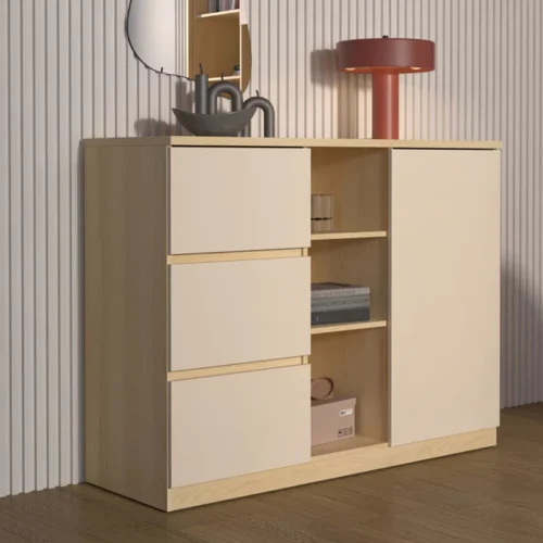 Cómoda de 3 Cajones, 3 Estantes 1 Puerta Con Divisiones Internas  - Calidad y Estilo para tu Hogar Descubre los Beneficios y Cualidades de Nuestra Cómoda de 3 Cajones con Correderas Telescópicas y 1 Puerta Abatible ¿Buscas una solución de almacenamiento elegante y funcional para tu hogar? Nuestra cómoda de 3 cajones 3 estantes con puerta abatible es la opción perfecta. Diseñada para combinar estilo y practicidad, esta pieza de mobiliario se convertirá en un imprescindible en cualquier habitación. A continuación, destacamos sus principales