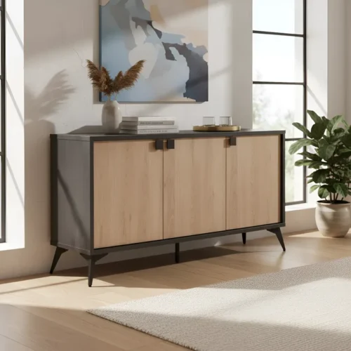 Aparador Moderno de 3 Puertas en Color Roble y Negro: Elegancia y Funcionalidad en un Solo Mueble Renueva tu sala con nuestro hermoso Aparador recibidor. El cual combina su estilo con la que hoy en día todos buscamos. Podrás decorarlo de una manera que tu habitación luzca extremadamente bien. Beneficios y Cualidades 1. Diseño Moderno y Versátil: Este aparador, con un diseño minimalista, será un aporte práctico y decorativo para tu hogar.