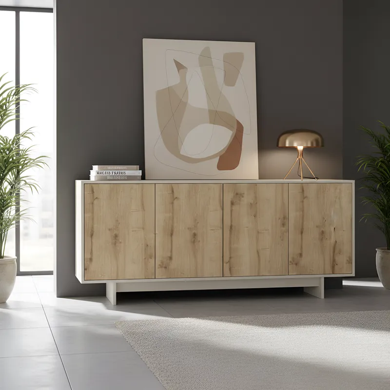 Aparador Moderno de 4 Puertas 4 Estantes Internos en Color Roble: Elegancia y Funcionalidad en un Solo Mueble Renueva tu sala con nuestro hermoso Aparador recibidor. El cual combina su estilo con la que hoy en día todos buscamos. Podrás decorarlo de una manera que tu habitación luzca extremadamente bien. Beneficios y Cualidades 1. Diseño Moderno y Versátil: Este aparador, con un diseño minimalista, será un aporte práctico y decorativo para tu hogar. Con 4 puertas, el aparador proporciona amplio espacio de almacenamiento para libros, dispositivos multimedia y otros artículos. La robusta superficie es ideal para exhibir objetos decorativos, marcos de fotos o plantas. También se puede usar como mueble bajo, armario auxiliar, etc. Gracias al tablero de gran calidad, este aparador está diseñado para durar.