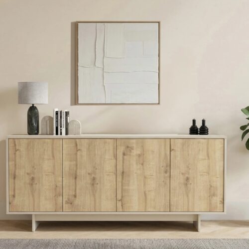 Aparador Moderno de 4 Puertas 4 Estantes Internos en Color Roble: Elegancia y Funcionalidad en un Solo Mueble Renueva tu sala con nuestro hermoso Aparador recibidor. El cual combina su estilo con la que hoy en día todos buscamos. Podrás decorarlo de una manera que tu habitación luzca extremadamente bien. Beneficios y Cualidades 1. Diseño Moderno y Versátil: Este aparador, con un diseño minimalista, será un aporte práctico y decorativo para tu hogar. Con 4 puertas, el aparador proporciona amplio espacio de almacenamiento para libros, dispositivos multimedia y otros artículos. La robusta superficie es ideal para exhibir objetos decorativos, marcos de fotos o plantas. También se puede usar como mueble bajo, armario auxiliar, etc. Gracias al tablero de gran calidad, este aparador está diseñado para durar.
