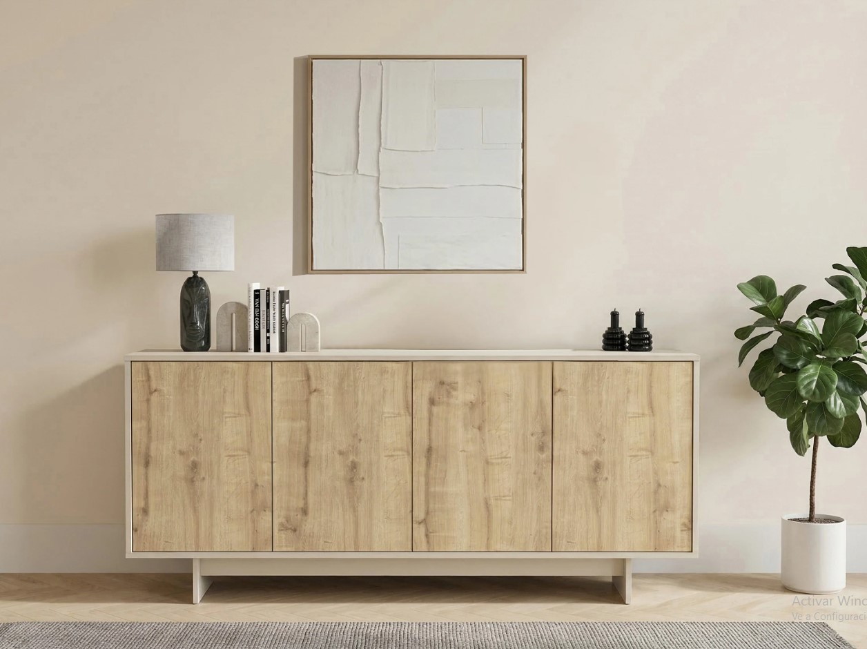 Aparador Moderno de 4 Puertas 4 Estantes Internos en Color Roble: Elegancia y Funcionalidad en un Solo Mueble Renueva tu sala con nuestro hermoso Aparador recibidor. El cual combina su estilo con la que hoy en día todos buscamos. Podrás decorarlo de una manera que tu habitación luzca extremadamente bien. Beneficios y Cualidades 1. Diseño Moderno y Versátil: Este aparador, con un diseño minimalista, será un aporte práctico y decorativo para tu hogar. Con 4 puertas, el aparador proporciona amplio espacio de almacenamiento para libros, dispositivos multimedia y otros artículos. La robusta superficie es ideal para exhibir objetos decorativos, marcos de fotos o plantas. También se puede usar como mueble bajo, armario auxiliar, etc. Gracias al tablero de gran calidad, este aparador está diseñado para durar.
