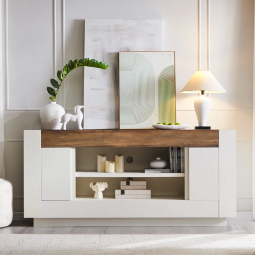 1. Diseño Moderno y Versátil: Este aparador, con un diseño minimalista, será un aporte práctico y decorativo para tu hogar. Con 2 puertas, el aparador proporciona amplio espacio de almacenamiento para libros, dispositivos multimedia y otros artículos. La robusta superficie es ideal para exhibir objetos decorativos, marcos de fotos o plantas. También se puede usar como mueble bajo, armario auxiliar, etc. Gracias al tablero de gran calidad, este aparador está diseñado para durar. Módulo con 2 puertas, gran capacidad de almacenamiento. Bisagras con cierre soft. Gran Almacenamiento Abierto: Ideal para organizar artículos de decoración y multimedia. Gabinetes Laterales: Ofrecen un amplio espacio de almacenamiento para artículos más pequeños. Madera Antigua Gruesa: Aporta un encanto clásico a tu sala de estar. Aplicación para Sala de Estar: Perfecta para mejorar tu configuración de entretenimiento.