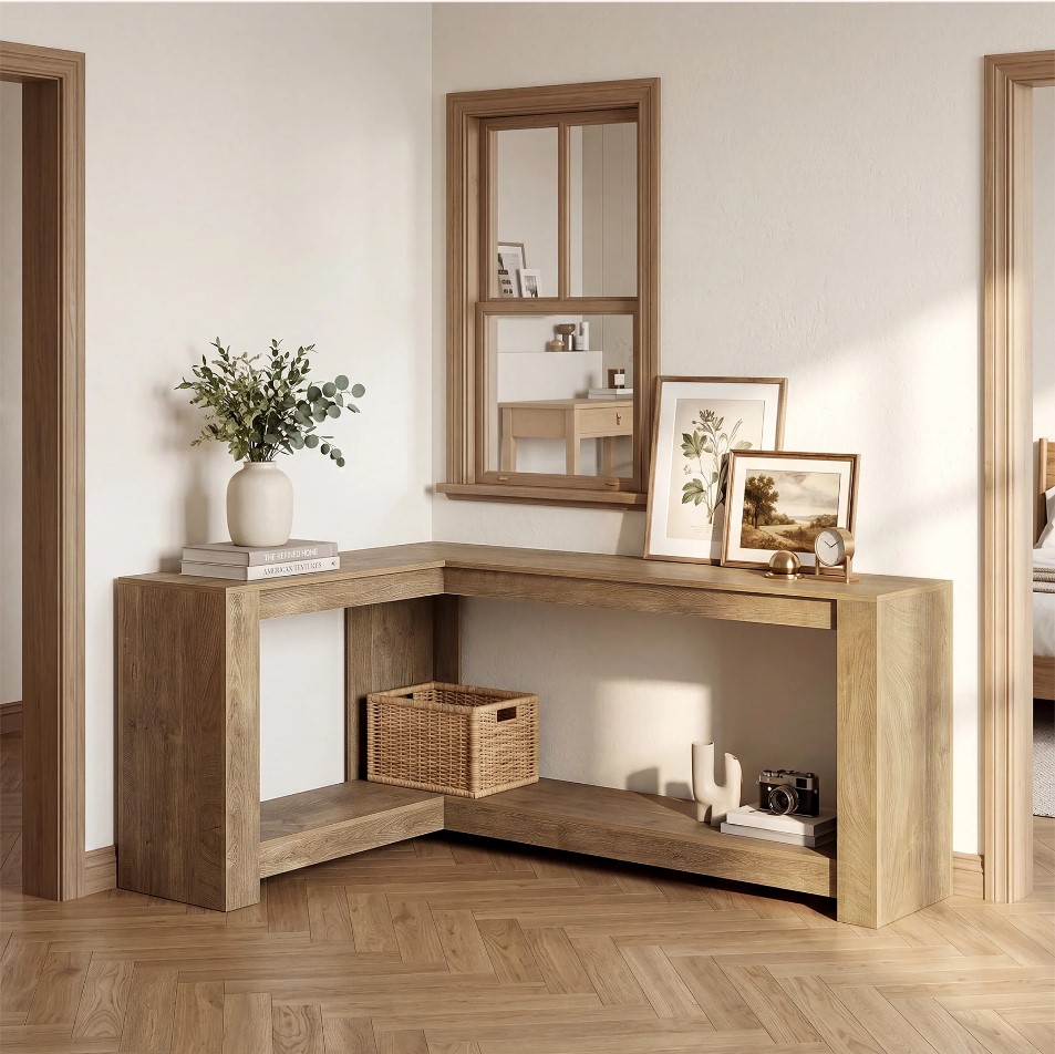 Aparador Recibidor Moderno En L de 2 Estantes en Color Roble: Elegancia y Funcionalidad en un Solo Mueble Diseño en forma de L para una colocación flexible : se adapta perfectamente detrás de un sofá modular, contra una pared, en una esquina de la entrada o junto a las escaleras, convirtiendo los espacios no utilizados en prácticas zonas de exposición y almacenamiento. Estantería abierta de 2 niveles : su amplia superficie y los estantes inferiores permiten mantener organizados y al alcance de la mano libros, cestas, plantas, lámparas, fotos enmarcadas, altavoces, llaves y objetos de uso diario en el salón, el pasillo, el recibidor o el dormitorio.