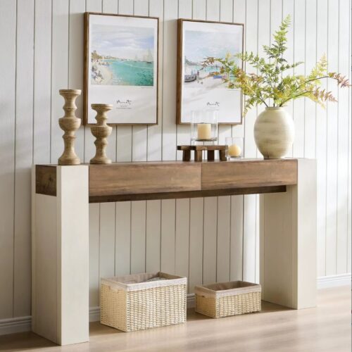 Mesa recibidor De Entrada Moderna De 160 CM De Largo Con Cajones Diseño de Madera gruesa para sala de estar Pasillo ESTILO MODERNO COMBINADO CON CALIDEZ NATURAL: Esta mesa de entrada de 160 CM es simple y suave sin decoraciones redundantes, integrando la limpieza moderna con el encanto de la madera, con detalles que muestran estética. Su superficie presenta una rica veta de madera y un tacto cálido, adaptándose a diversos estilos de hogar. Puede usarse como mesa auxiliar de sofá o como aparador lateral en el pasillo, equilibrando la decoración y la practicidad para familias que priorizan la calidad y aprecian la sencillez natural.
