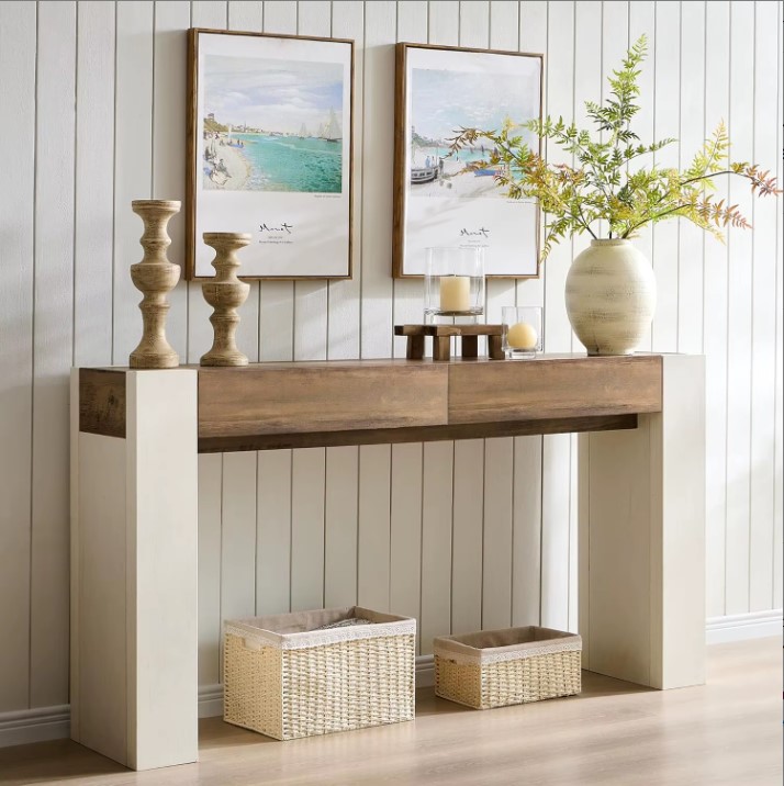 Mesa recibidor De Entrada Moderna De 160 CM De Largo Con Cajones Diseño de Madera gruesa para sala de estar Pasillo ESTILO MODERNO COMBINADO CON CALIDEZ NATURAL: Esta mesa de entrada de 160 CM es simple y suave sin decoraciones redundantes, integrando la limpieza moderna con el encanto de la madera, con detalles que muestran estética. Su superficie presenta una rica veta de madera y un tacto cálido, adaptándose a diversos estilos de hogar. Puede usarse como mesa auxiliar de sofá o como aparador lateral en el pasillo, equilibrando la decoración y la practicidad para familias que priorizan la calidad y aprecian la sencillez natural.