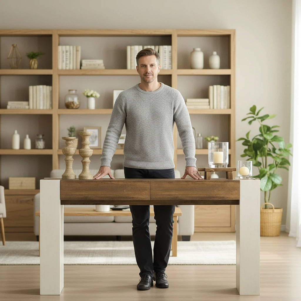 ESTILO MODERNO COMBINADO CON CALIDEZ NATURAL: Esta mesa de entrada de 160 CM es simple y suave sin decoraciones redundantes, integrando la limpieza moderna con el encanto de la madera, con detalles que muestran estética. Su superficie presenta una rica veta de madera y un tacto cálido, adaptándose a diversos estilos de hogar. Puede usarse como mesa auxiliar de sofá o como aparador lateral en el pasillo, equilibrando la decoración y la practicidad para familias que priorizan la calidad y aprecian la sencillez natural.