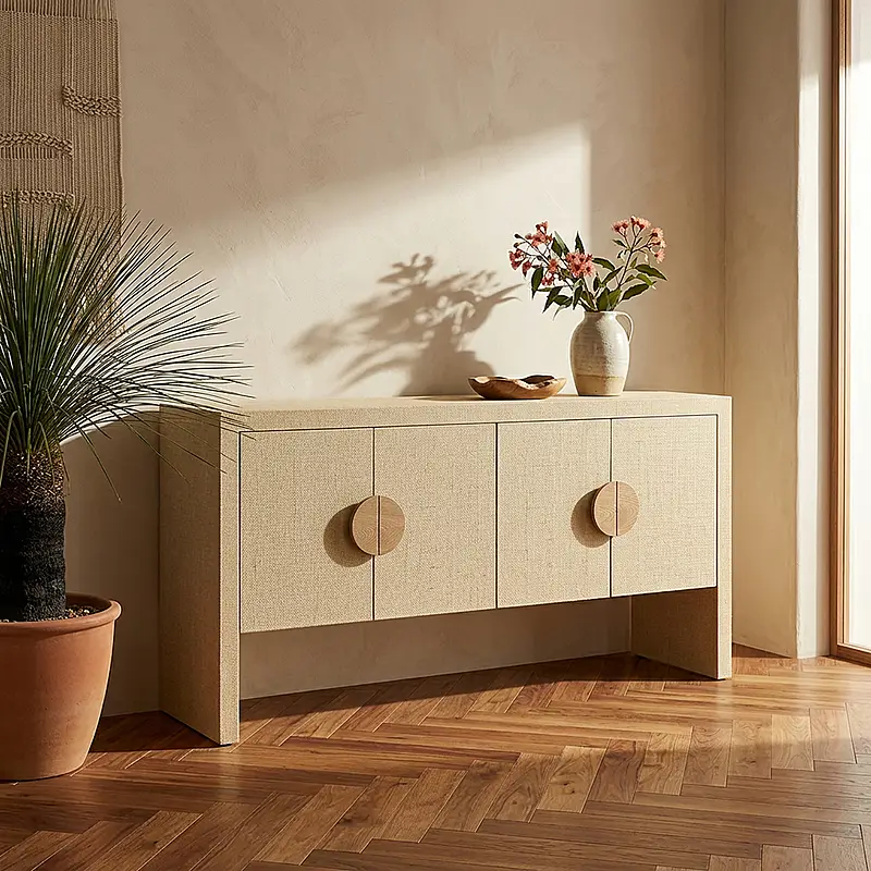 Aparador Moderno de 4 Puertas en Color Toquilla Textil De Fibra: Elegancia y Funcionalidad en un Solo Mueble Renueva tu sala con nuestro hermoso Aparador recibidor. El cual combina su estilo con la que hoy en día todos buscamos. Podrás decorarlo de una manera que tu habitación luzca extremadamente bien. Beneficios y Cualidades 1. Diseño Moderno y Versátil: Este aparador, con un diseño minimalista, será un aporte práctico y decorativo para tu hogar. Con 4  puertas, el aparador proporciona amplio espacio de almacenamiento para libros, dispositivos multimedia y otros artículos. La robusta superficie es ideal para exhibir objetos decorativos, marcos de fotos o plantas. También se puede usar como mueble bajo, armario auxiliar, etc. Gracias al tablero de gran calidad, este aparador está diseñado para durar. Módulo con 4 puertas, gran capacidad de almacenamiento. Bisagras con cierre soft. con tiradores de mdf color miel . Medidas del Módulo: 160cm. de largo, 83cm. de Alto, 42cm. de Profundidad. Color toquilla texturizado de alta calidad. Módulos con puertas y estantes interiores . Bisagras con cierre soft.