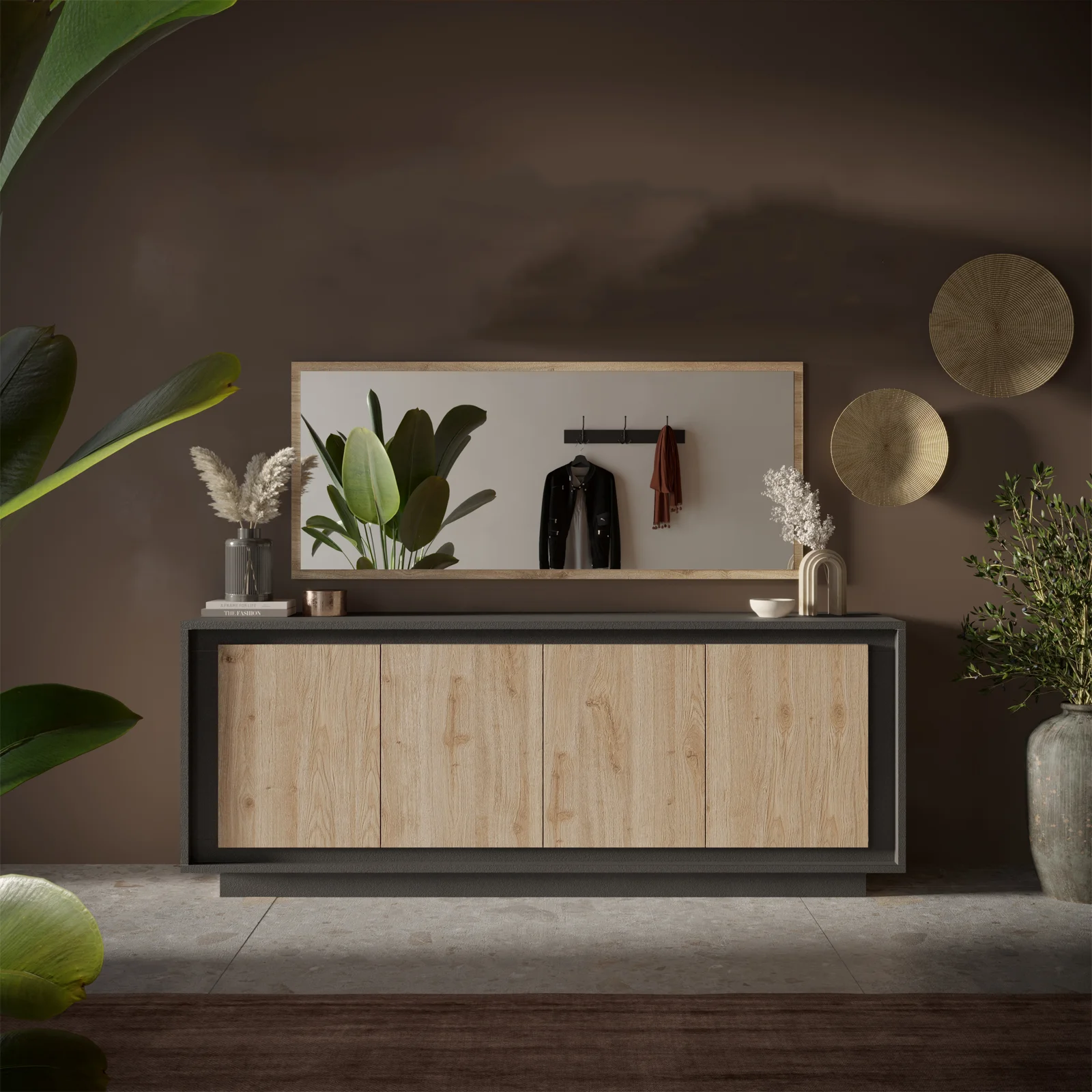 Aparador Moderno de 4 Puertas en Color Roble y Grafito: Elegancia y Funcionalidad en un Solo Mueble Renueva tu sala con nuestro hermoso Aparador recibidor. El cual combina su estilo con la que hoy en día todos buscamos. Podrás decorarlo de una manera que tu habitación luzca extremadamente bien. Beneficios y Cualidades 1. Diseño Moderno y Versátil: Este aparador, con un diseño minimalista, será un aporte práctico y decorativo para tu hogar. Con 4 puertas, el aparador proporciona amplio espacio de almacenamiento para libros, dispositivos multimedia y otros artículos. La robusta superficie es ideal para exhibir objetos decorativos, marcos de fotos o plantas. También se puede usar como mueble bajo, armario auxiliar, etc. Gracias al tablero de gran calidad, este aparador está diseñado para durar. Módulo con 4 puertas, gran capacidad de almacenamiento. Bisagras con cierre soft. Medidas del Módulo: 205cm. de largo, 80cm. de Alto, 40cm. de Profundidad. Color grafito roble texturizado de alta calidad. Módulos con puertas y estantes interiores . Bisagras con cierre soft.