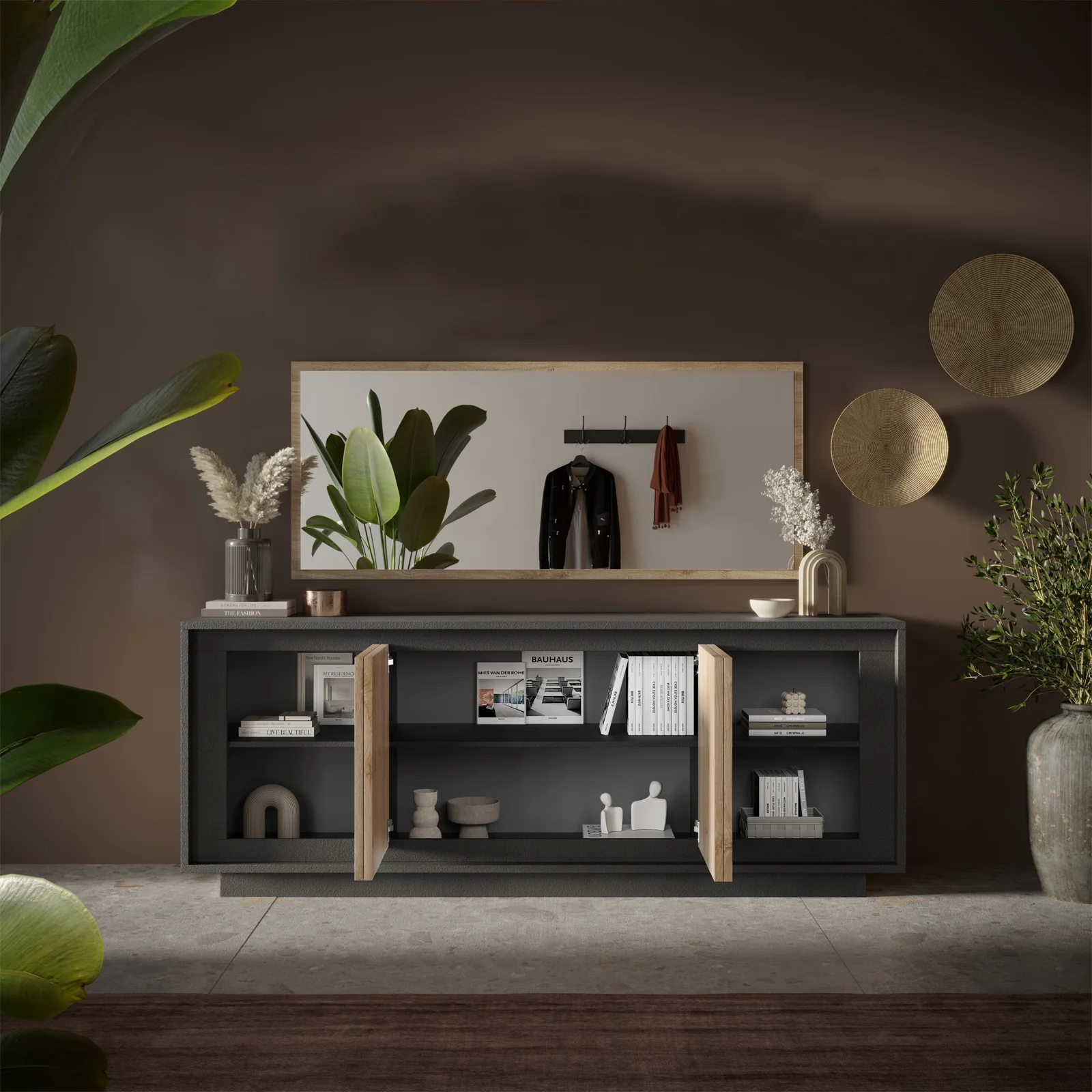 APARADOR MILORD 4 PUERTAS ESTANTES GRAFITO ROBLE 205CM - Imagen 3