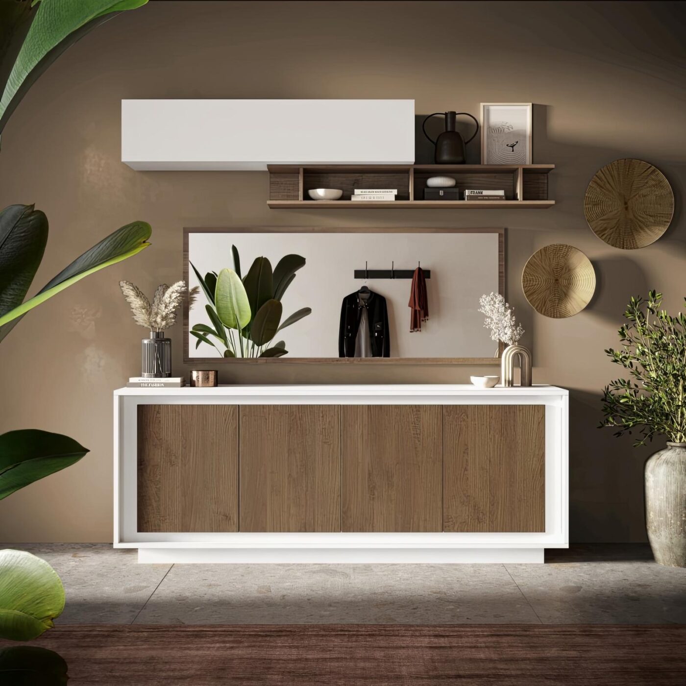 Aparador Moderno de 4 Puertas en Color Roble y Blanco: Elegancia y Funcionalidad en un Solo Mueble Renueva tu sala con nuestro hermoso Aparador recibidor. El cual combina su estilo con la que hoy en día todos buscamos. Podrás decorarlo de una manera que tu habitación luzca extremadamente bien. Beneficios y Cualidades 1. Diseño Moderno y Versátil: Este aparador, con un diseño minimalista, será un aporte práctico y decorativo para tu hogar. Con 4  puertas, el aparador proporciona amplio espacio de almacenamiento para libros, dispositivos multimedia y otros artículos. La robusta superficie es ideal para exhibir objetos decorativos, marcos de fotos o plantas. También se puede usar como mueble bajo, armario auxiliar, etc. Gracias al tablero de gran calidad, este aparador está diseñado para durar. Módulo con 4 puertas, gran capacidad de almacenamiento. Bisagras con cierre soft.  Medidas del Módulo: 205cm. de largo, 80cm. de Alto, 40cm. de Profundidad. Color blanco roble texturizado de alta calidad. Módulos con puertas y estantes interiores . Bisagras con cierre soft. Déjate seducir por la combinación de acabados suaves y una cálida decoración en madera crea un equilibrio elegante, ideal para aportar un toque de modernidad y calidez a tu hogar. Pensada para adaptarse a distintos espacios, combina estética, sencillez y funcionalidad.