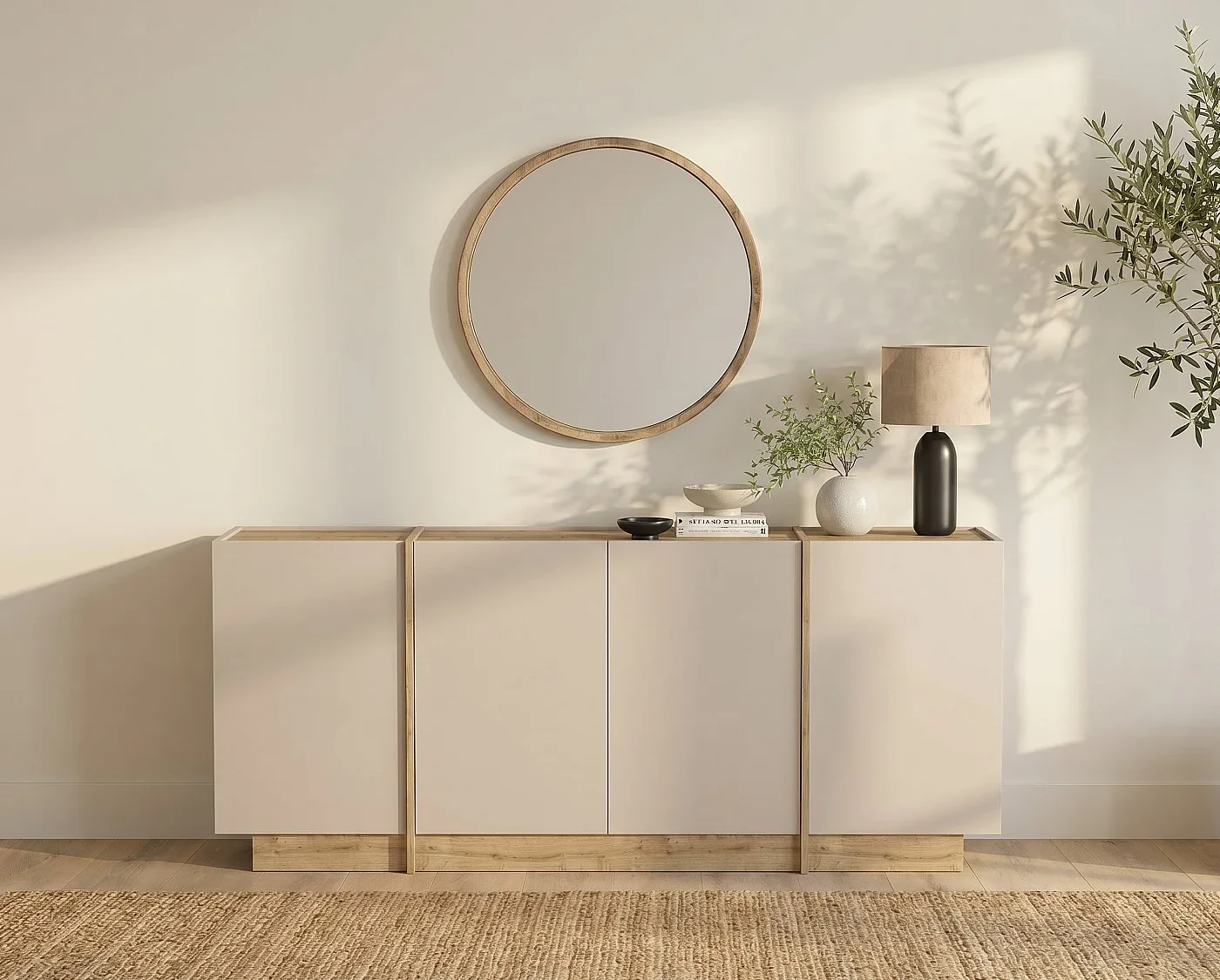Aparador Moderno de 4 Puertas en Color Doble y Capri: Elegancia y Funcionalidad en un Solo Mueble Renueva tu sala con nuestro hermoso Aparador recibidor. El cual combina su estilo con la que hoy en día todos buscamos. Podrás decorarlo de una manera que tu habitación luzca extremadamente bien. Beneficios y Cualidades 1. Diseño Moderno y Versátil: Este aparador, con un diseño minimalista, será un aporte práctico y decorativo para tu hogar. Con 4  puertas, el aparador proporciona amplio espacio de almacenamiento para libros, dispositivos multimedia y otros artículos. La robusta superficie es ideal para exhibir objetos decorativos, marcos de fotos o plantas. También se puede usar como mueble bajo, armario auxiliar, etc. Gracias al tablero de gran calidad, este aparador está diseñado para durar. Módulo con 4 puertas, gran capacidad de almacenamiento. Bisagras con cierre soft.  Medidas del Módulo: 200cm. de largo, 85cm. de Alto, 40cm. de Profundidad. Color roble y capri texturizado de alta calidad. Módulos con puertas y estantes interiores . Bisagras con cierre soft. Déjate seducir por la combinación de acabados suaves y una cálida decoración en madera crea un equilibrio elegante, ideal para aportar un toque de modernidad y calidez a tu hogar. Pensada para adaptarse a distintos espacios, combina estética, sencillez y funcionalidad.
