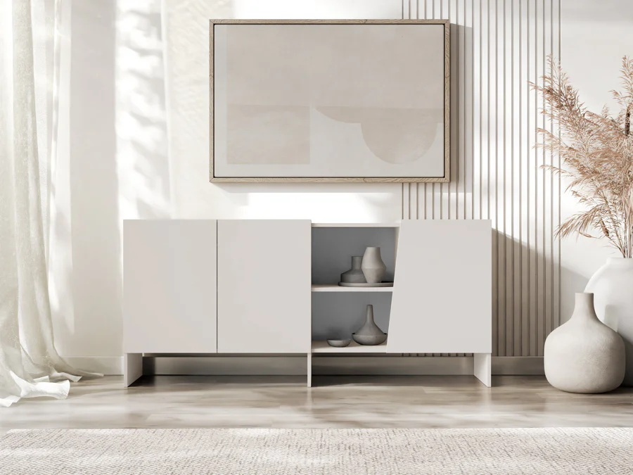 Aparador Moderno de 3 Puertas Con 2 Estantes Abiertos en Color Capri: Elegancia y Funcionalidad en un Solo Mueble Renueva tu sala con nuestro hermoso Aparador recibidor. El cual combina su estilo con la que hoy en día todos buscamos. Podrás decorarlo de una manera que tu habitación luzca extremadamente bien. Beneficios y Cualidades 1. Diseño Moderno y Versátil: Este aparador que esta fabricado todo en melamina de 18 mm, con un diseño minimalista, será un aporte práctico y decorativo para tu hogar  es un mueble que combina funcionalidad y estética. Ayuda a mantener el orden y, a la vez, aporta un toque de estilo a tu hogar. Crea una sensación de calma, ligereza y modernidad en el espacio. Su elemento más interesante, que también funciona como un gran elemento decorativo, es  frontal asimétrico , que le confiere un carácter único. Detrás de cada frontal se encuentra un práctico espacio de almacenamiento, perfecto para documentos, textiles u otros objetos que necesites tener a mano, pero que no necesariamente estén a la vista. Además, sus estantes abiertos te permiten exhibir tus objetos decorativos, libros o cerámica favoritos, añadiendo un toque personal a la decoración..