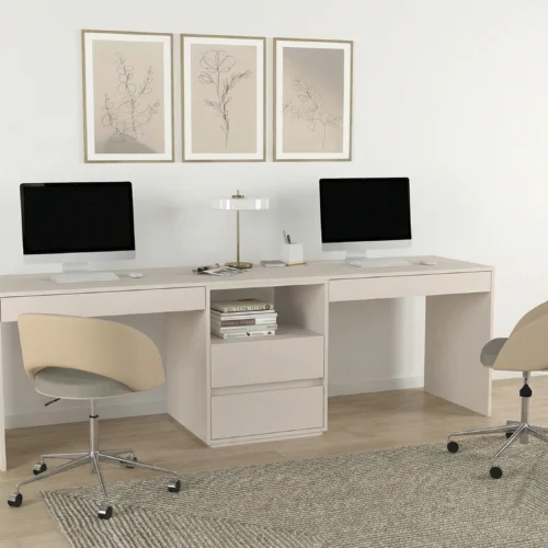 Mesa Escritorio Doble de Oficina Moderna en Color Capri: Organización y Estilo para tu Espacio de Trabajo. La mesa escritorio de oficina en color Capri es la solución perfecta para quienes buscan combinar estilo moderno y funcionalidad en su espacio de trabajo. Con dimensiones de 75 cm de alto, 2400 cm de ancho y 60 cm de profundidad, esta mesa ha sido diseñada para ofrecer un amplio espacio de trabajo y almacenamiento, permitiéndote mantener todo lo esencial al alcance de la mano mientras disfrutas de un entorno organizado y elegante. Fabricada en melamina de alta calidad de 18 mm, esta mesa no solo garantiza durabilidad, sino también una estética impecable que se adapta a cualquier tipo de oficina. Beneficios y Cualidades de la Mesa Escritorio de Oficina en Color Blanco Diseño Moderno y Elegante: Esta mesa escritorio se caracteriza por su diseño moderno y funcional, ideal para cualquier tipo de oficina, ya sea en casa o en un entorno corporativo. Su acabado en color capri con la tapa de los cajones blancos aporta luminosidad y una sensación de amplitud al espacio, creando un ambiente propicio para la productividad y la concentración.