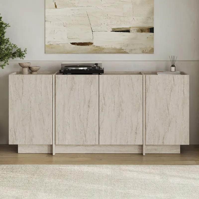 Aparador Moderno de 4 Puertas en Color Tivoli: Elegancia y Funcionalidad en un Solo Mueble Renueva tu sala con nuestro hermoso Aparador recibidor. El cual combina su estilo con la que hoy en día todos buscamos. Podrás decorarlo de una manera que tu habitación luzca extremadamente bien. Beneficios y Cualidades 1. Diseño Moderno y Versátil: Este aparador, con un diseño minimalista, será un aporte práctico y decorativo para tu hogar. Con 4  puertas, el aparador proporciona amplio espacio de almacenamiento para libros, dispositivos multimedia y otros artículos. La robusta superficie es ideal para exhibir objetos decorativos, marcos de fotos o plantas. También se puede usar como mueble bajo, armario auxiliar, etc. Gracias al tablero de gran calidad, este aparador está diseñado para durar. Módulo con 4 puertas, gran capacidad de almacenamiento. Bisagras con cierre soft. Sin tiradores. Medidas del Módulo: 180cm. de largo, 80cm. de Alto, 42cm. de Profundidad. Color tivoli texturizado de alta calidad. Módulo con puerta y estantes interiores . Bisagras con cierre soft.