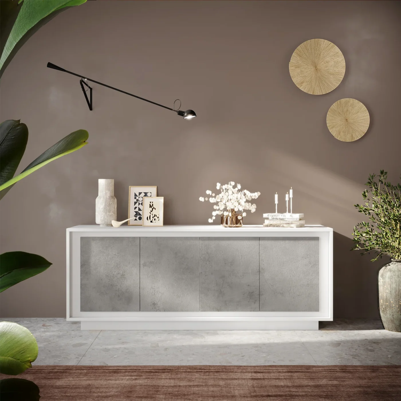 Aparador Moderno de 4 Puertas en Color Cmento y Blanco: Elegancia y Funcionalidad en un Solo Mueble Renueva tu sala con nuestro hermoso Aparador recibidor. El cual combina su estilo con la que hoy en día todos buscamos. Podrás decorarlo de una manera que tu habitación luzca extremadamente bien. Beneficios y Cualidades 1. Diseño Moderno y Versátil: Este aparador, con un diseño minimalista, será un aporte práctico y decorativo para tu hogar. Con 4  puertas, el aparador proporciona amplio espacio de almacenamiento para libros, dispositivos multimedia y otros artículos. La robusta superficie es ideal para exhibir objetos decorativos, marcos de fotos o plantas. También se puede usar como mueble bajo, armario auxiliar, etc. Gracias al tablero de gran calidad, este aparador está diseñado para durar. Módulo con 4 puertas, gran capacidad de almacenamiento. Bisagras con cierre soft.  Medidas del Módulo: 205cm. de largo, 80cm. de Alto, 40cm. de Profundidad. Color blanco y cemento texturizado de alta calidad. Módulos con puertas y estantes interiores . Bisagras con cierre soft. Déjate seducir por la combinación de acabados suaves y una cálida decoración en madera crea un equilibrio elegante, ideal para aportar un toque de modernidad y calidez a tu hogar. Pensada para adaptarse a distintos espacios, combina estética, sencillez y funcionalidad.