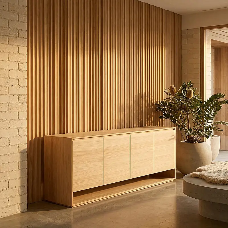 Aparador Moderno de 4 Puertas en Color Roble: Elegancia y Funcionalidad en un Solo Mueble Renueva tu sala con nuestro hermoso Aparador recibidor. El cual combina su estilo con la que hoy en día todos buscamos. Podrás decorarlo de una manera que tu habitación luzca extremadamente bien. Beneficios y Cualidades 1. Diseño Moderno y Versátil: Este aparador, con un diseño minimalista, será un aporte práctico y decorativo para tu hogar. Con 4  puertas, el aparador proporciona amplio espacio de almacenamiento para libros, dispositivos multimedia y otros artículos. La robusta superficie es ideal para exhibir objetos decorativos, marcos de fotos o plantas. También se puede usar como mueble bajo, armario auxiliar, etc. Gracias al tablero de gran calidad, este aparador está diseñado para durar. Módulo con 4 puertas, gran capacidad de almacenamiento. Bisagras con cierre soft. con tiradores de mdf . Medidas del Módulo: 220cm. de largo, 82cm. de Alto, 42cm. de Profundidad. Color roble haya texturizado de alta calidad. Módulos con puertas y estantes interiores . Bisagras con cierre soft. El aparador es el mueble de almacenamiento más elegante que puedas imaginar. Su diseño oculto de cuatro estantes cuenta con puertas de perfil acanalado para una apariencia impecable. Su silueta plana se complementa a la perfección con el diseño contemporáneo en relieve, que le confiere una sensación de ligereza. La base abierta ofrece espacio adicional para libros y cajas. La amplia superficie rectangular te invita a dar rienda suelta a tu imaginación. Decora con fotos familiares, recuerdos de vacaciones, una lámpara o un jarrón para darle un toque personal y alegrar la decoración de la habitación. El aparador queda perfecto en el salón, el comedor o incluso el dormitorio.